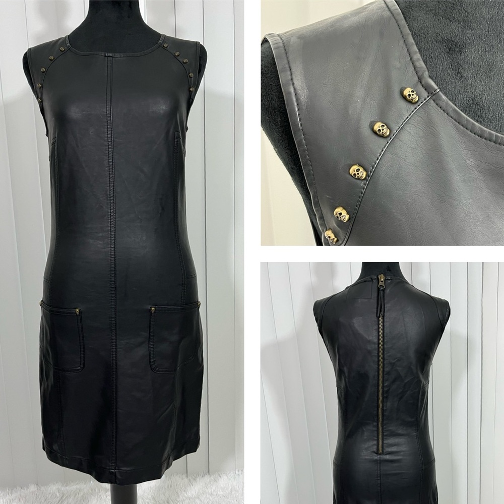CHELSEA & VIOLET Faux Leather Skull Studded Shift Dress Midi Sleeveless Black XS